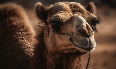 Photo of camel amidst the vast, arid expanse of Sahara desert with every hair and wrinkle sharply defined, its piercing gaze capturing the essence of the harsh, unforgiving landscape. Generative AI