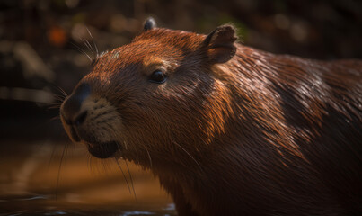 Capybara: Majestic Beauty in the Heart of the Amazon.  Composition is framed by the lush greenery of Amazon rainforest, with the animal poised at the water's edge. Generative AI