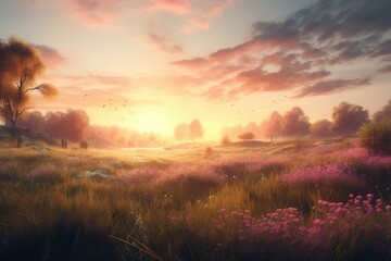 Naklejka na ściany i meble World environment day concept: Beautiful meadow and pink sky autumn sunrise background. Generative AI