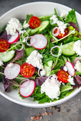 green salad cheese and vegetable radish, tomato, cucumber, green lettuce mix healthy meal food snack on the table copy space food background rustic top view keto or paleo diet veggie vegetarian food