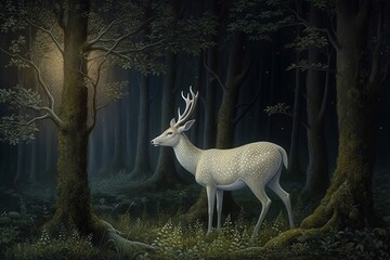 White deer in dark forest. Generate Ai
