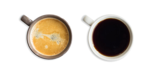 White coffee cup isolated in transparent PNG, mug with hot black coffee isolated design element, top view / flat lay