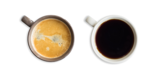 White coffee cup isolated in transparent PNG, mug with hot black coffee isolated design element, top view / flat lay