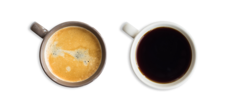 White coffee cup isolated in transparent PNG, mug with hot black coffee isolated design element, top view / flat lay