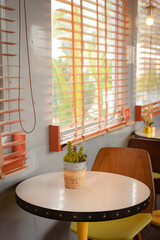 Cactus in flower pot on modern desk table near window at living room.Home decoration ideas.