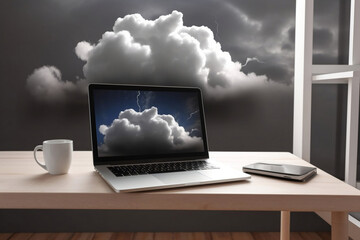 Laptop on desk with storm cloud