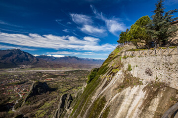 Rocky mountain scenery breathtaking landscape with blue sky, Meteora religious monastery complex, Greece