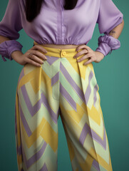 couture yellow and purple pattern fashion pants posing