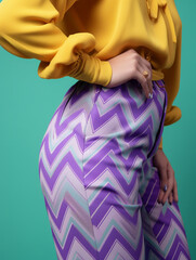 couture yellow and purple pattern fashion pants posing