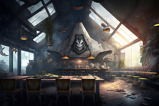 abandoned cafe in a post-apocalyptic world. 