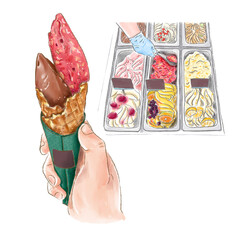 Watercolor Painting of Strawberry and Chocolate Gelato Served in a Cone