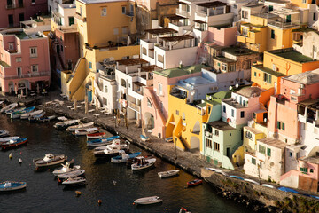 Beautiful fishing village, Marina Corricella on Procida Island, Bay of Naples, Italy.