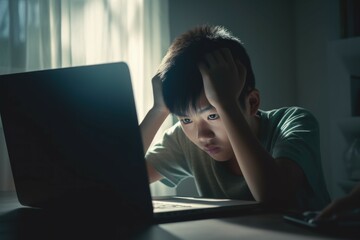 Young teenage asian boy with laptop. Generate Ai