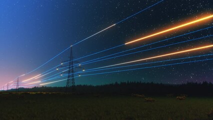 Overhead Electricity Transmission Lines with 3D Digital Visualization of Electricity. Epic Animation with Night Sky Full of Stars. Concept of Renewable Green Energy and Ecological Environment - Powered by Adobe