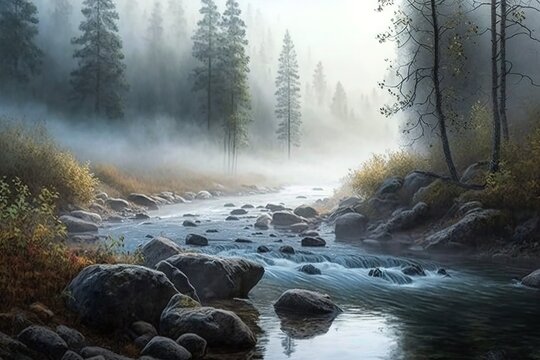 In the early morning mist of an autumn morning, a river with rapids rushes through the woodland. Generative AI
