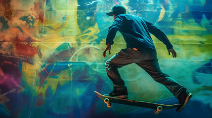 a skateboarder performing a trick in front of a vibrant mural, generative ai