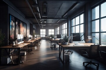 workplace bright desk furniture interior chair white window office modern room. Generative AI.