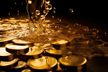 Forging gold coins with a splash of liquid gold. Created with Generative IA.	

