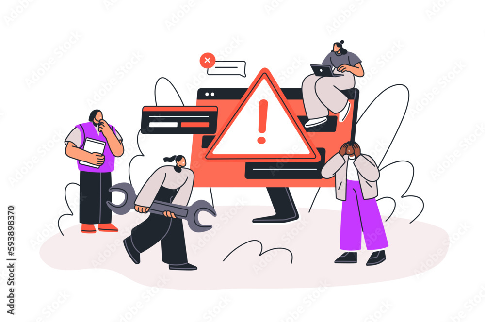 Poster Error alert, internet failure, system problem concept. Tiny people fixing 404 mistake. Information technology security warning, risk. Flat graphic vector illustration isolated on white background