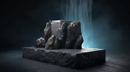 Stone podium for packaging and cosmetic presentation on black background. AI generated