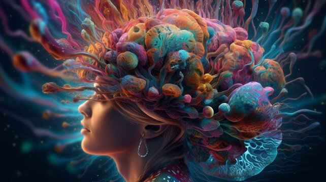 Lsd microdosing lysergic acid diethylamide concept , psychedelics therapy with colorful mushrooms, generative AI