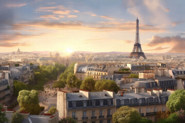 Fototapeta premium Paris skyline with Eiffel tower at sunset, Paris, France, Generative Ai