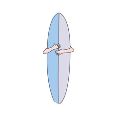 Surfer holding a surfboard. Hand drawn color illustration. Doodle vector art.