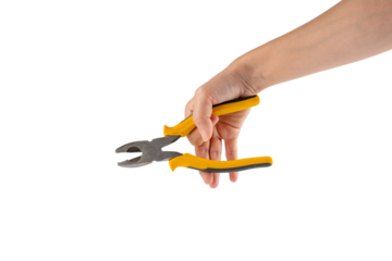 hand holding pliers isolated on the transparent background