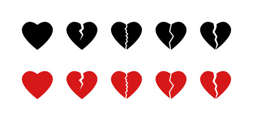 Broken heart shape icons set. Love symbol. Valentines Day broken hearts icon set on a transparent background. Vector stock illustration.