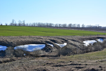 A field with a heap of snow in the foreground and a green field in the background