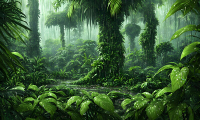Green rainy rainforest with dark sky, wet palms, trees, leaves and fern plants, puddles and fog. Background design. illustration & digital painting, generative ai - obrazy, fototapety, plakaty