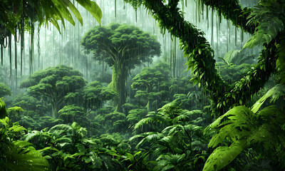 Naklejka premium Green rainy rainforest with dark sky, wet palms, trees, leaves and fern plants, puddles and fog. Background design. illustration & digital painting, generative ai