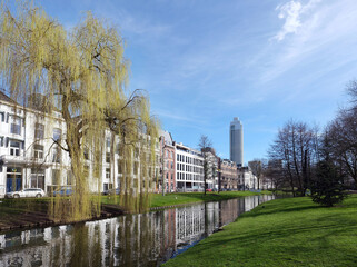 westsingel in city centre near central station of rotterdam in holland under blue sky early spring - obrazy, fototapety, plakaty