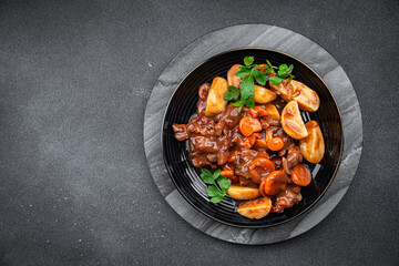 beef bourguignon beef stew dish vegetablу ready to eat meal food snack on the table copy space food background rustic top view