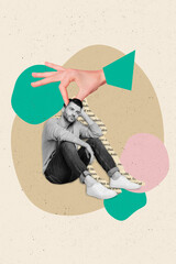 Vertical collage of young sad man sit lonely melancholy thinking how continue life without girlfriend isolated on beige drawn background