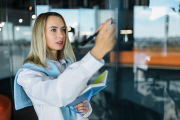 Blonde businesswoman writing something on a glass board