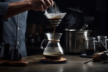 Fototapeta na wymiar Coffee brewing scene, featuring a skilled barista meticulously pouring hot water over freshly ground coffee beans in a glass dripper, set against a clean, crisp counter or table surface. Generative AI