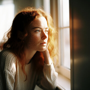 Woman with freckles looking out a window with warm light shining on her face