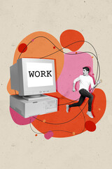 Vertical collage image of impressed mini black white effect guy run away big pc display work...
