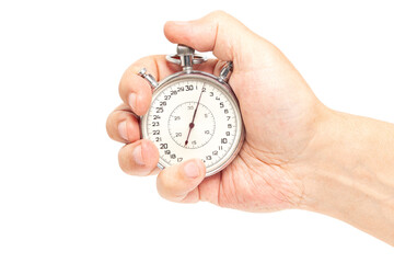 stopwatch in hand isolated on white background.