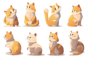 Concept Cats. This flat cartoon design showcases a set of cute cats in different poses and expressions on a plain white background. Vector illustration.