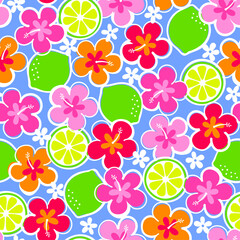 Colorful hibiscus flower with citrus fruit seamless pattern for summer holidays background.