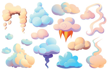 Concept Smoke. This flat cartoon design features a set of stylized smoke clouds and puffs on a plain white background. Vector illustration.