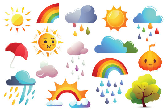 Concept Weather. This flat cartoon design depicts a set of weather-related elements and conditions, such as clouds, sun, and rain, on a clean white background. Vector illustration.