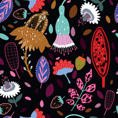 Seamless pattern with colorful flowers, leaves and berries on a dark background. Floral background for fabric, wallpapers, gift wrapping paper, scrapbooking.