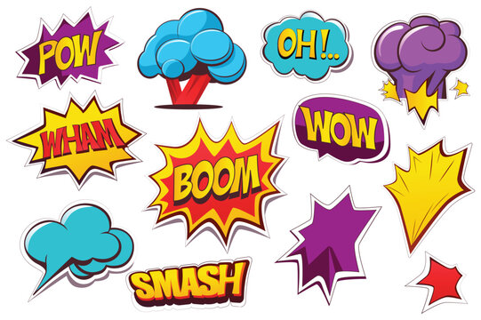 Concept Boom. This flat cartoon design features a set of comic-style explosions or booms in different shapes and sizes on a clean white background. Vector illustration.