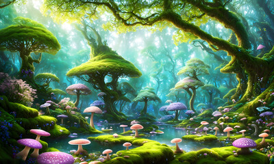 Enchanted fairy tale forest with large mushrooms, trees, rivers streams and rays of light between the canopies of leaves, Alice in Wonderland, illustration & digital painting, generative ai 