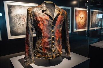 A hell jacket with a rock and hell-style design, featuring various dark and eerie patterns, hangs on an exhibition stand, seeking luxury and exclusivity. Generative ai