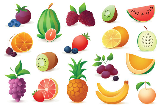 Concept Fruits. This flat cartoon design showcases a set of colorful and tasty fruits, such as apples, bananas, and oranges, on a plain white background. Vector illustration.