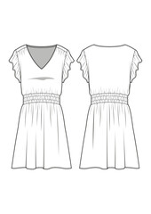 V-neck tiered cap sleeve with smocking waist mini dress technical drawing / flat sketch /CAD / ADOBE Illustrator vector digital download
